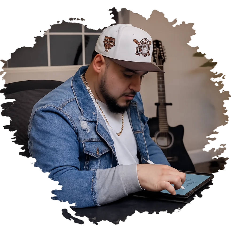 Ismael Miramontes, tattoo artist and owner of Ish Tattoos LLC, sketching a custom tattoo design on a tablet